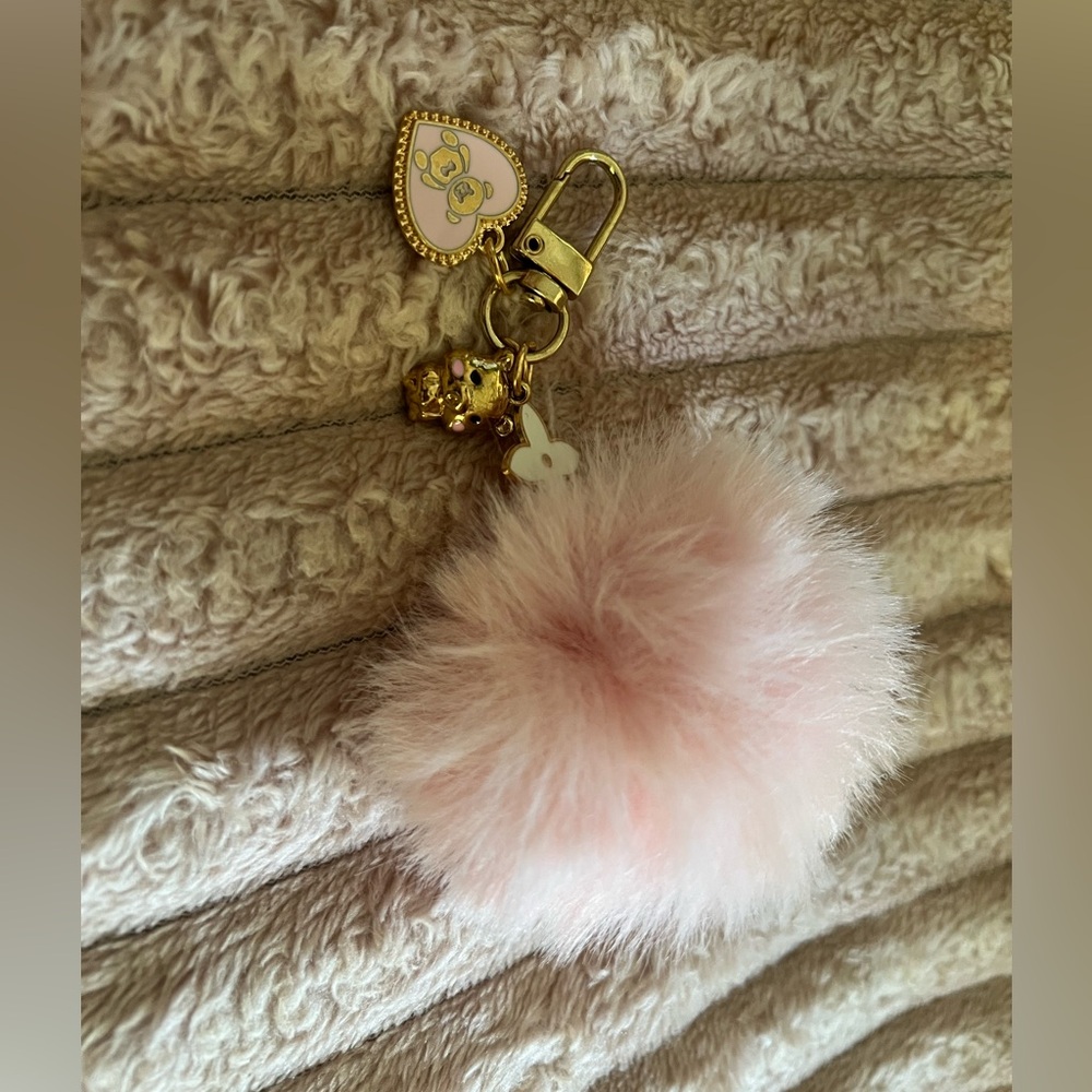 Cute Pink Pompom Puff Gold Keychain Bag Charm with Teddy Bear and Star Flower - Picture 5 of 5